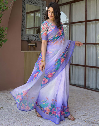 Ready To Wear Lavender Linen Floral Printed Saree