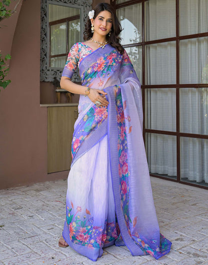 Ready To Wear Lavender Linen Floral Printed Saree