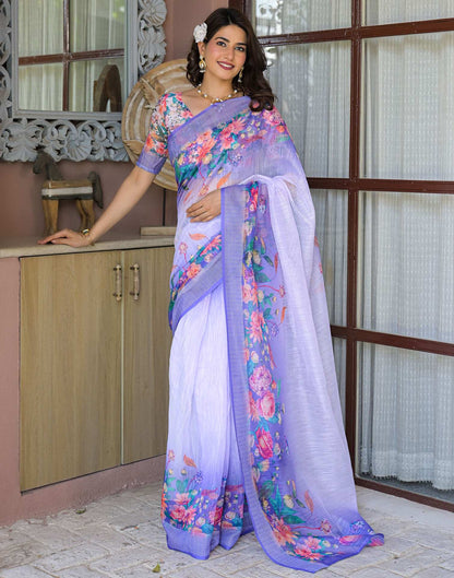 Ready To Wear Lavender Linen Floral Printed Saree