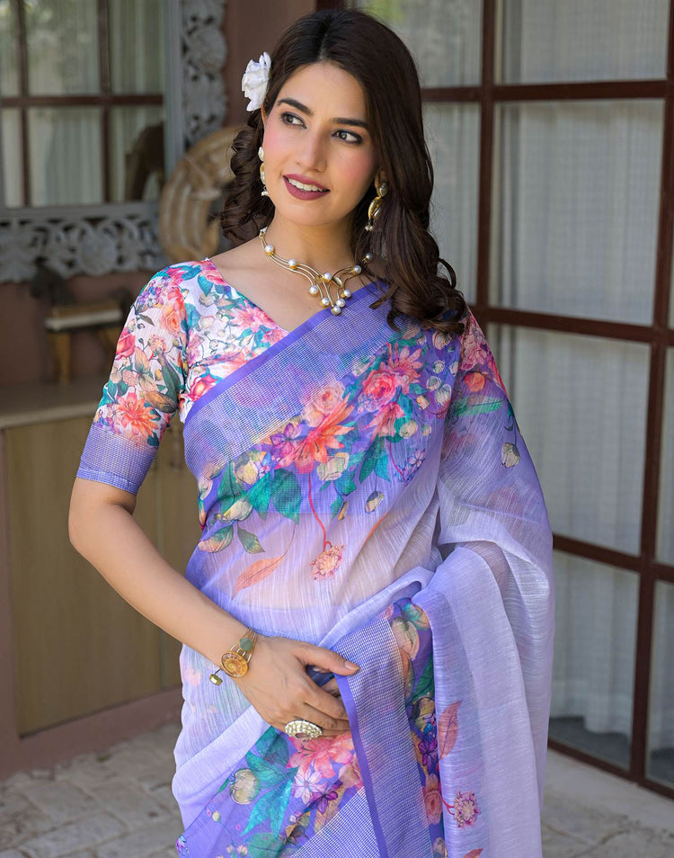 Ready To Wear Lavender Linen Floral Printed Saree