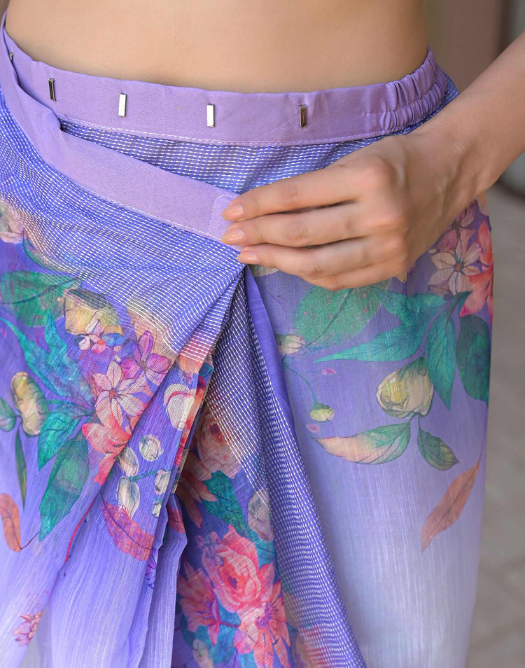 Ready To Wear Lavender Linen Floral Printed Saree