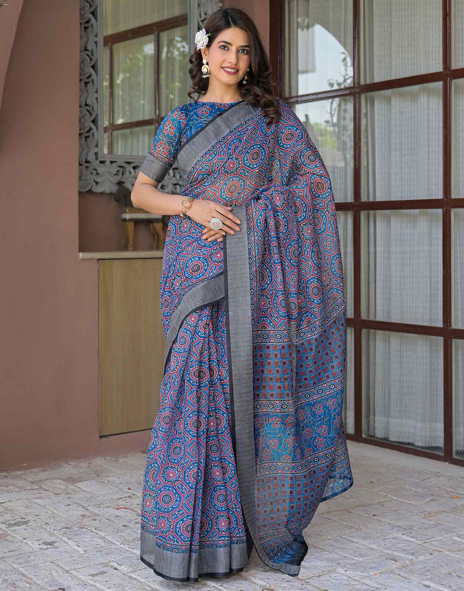Ready To Wear Blue Linen Printed Embroidery Border Saree
