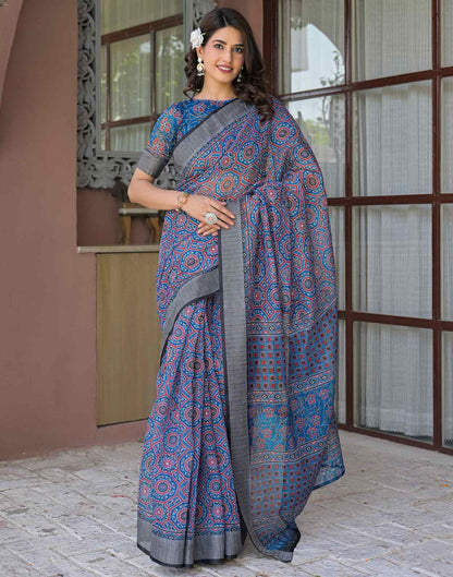 Ready To Wear Blue Linen Printed Embroidery Border Saree