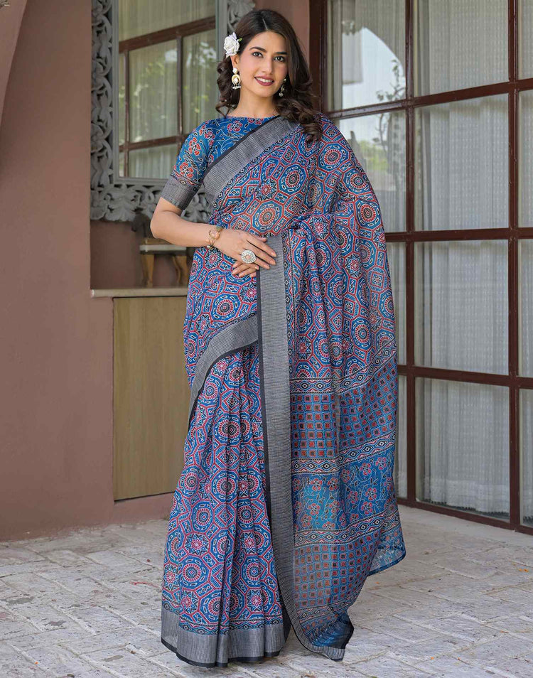 Ready To Wear Blue Linen Printed Embroidery Border Saree