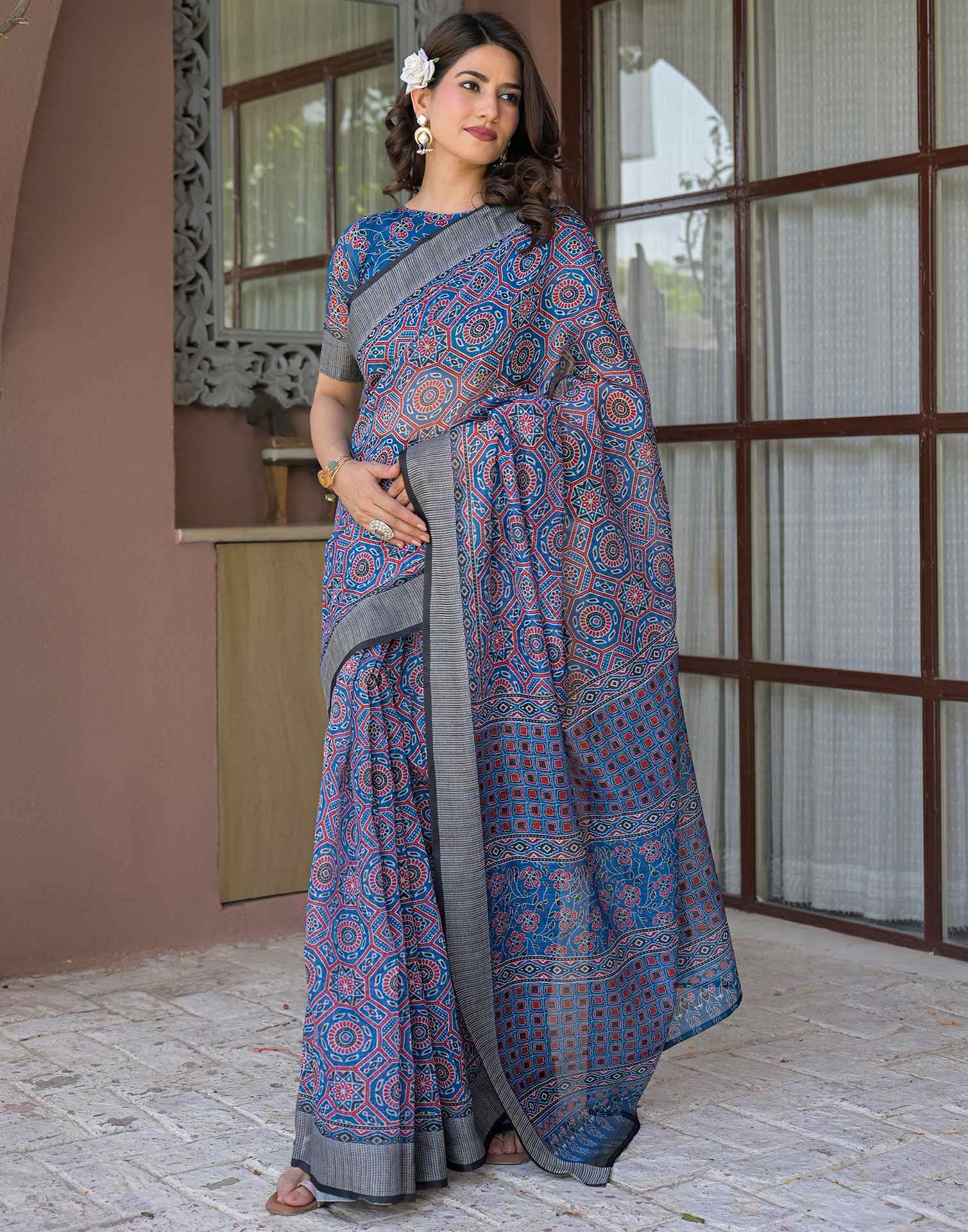 Ready To Wear Blue Linen Printed Embroidery Border Saree