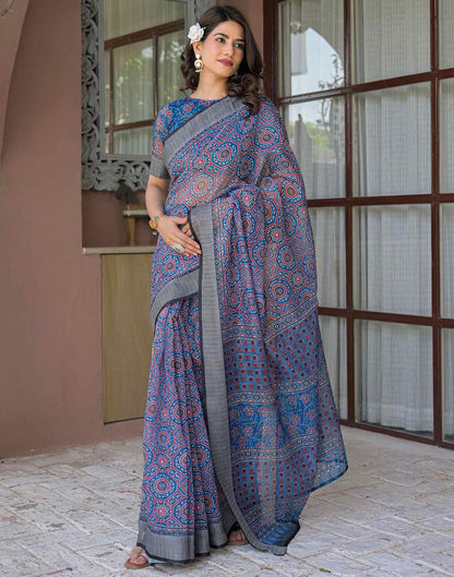Ready To Wear Blue Linen Printed Embroidery Border Saree