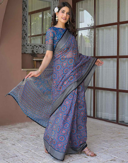 Ready To Wear Blue Linen Printed Embroidery Border Saree