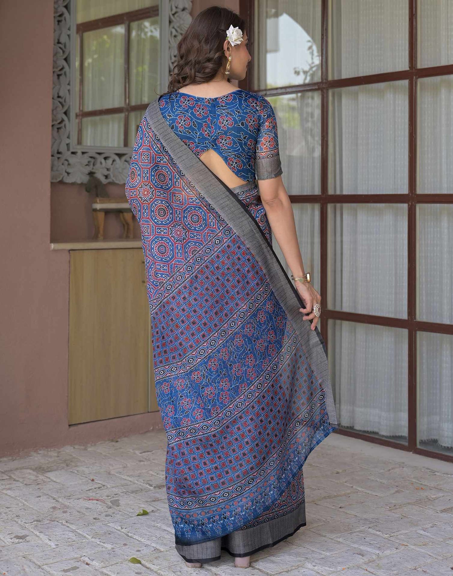 Ready To Wear Blue Linen Printed Embroidery Border Saree