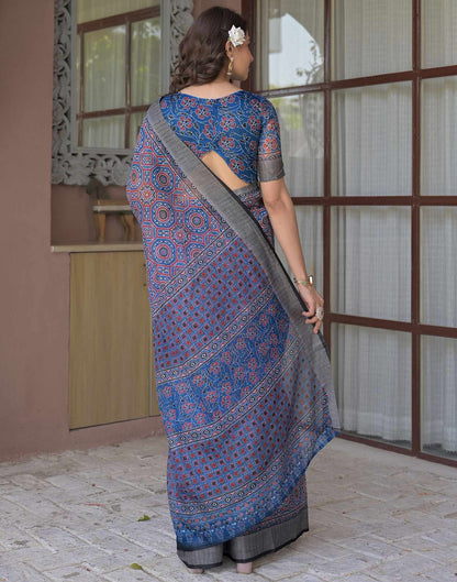Ready To Wear Blue Linen Printed Embroidery Border Saree