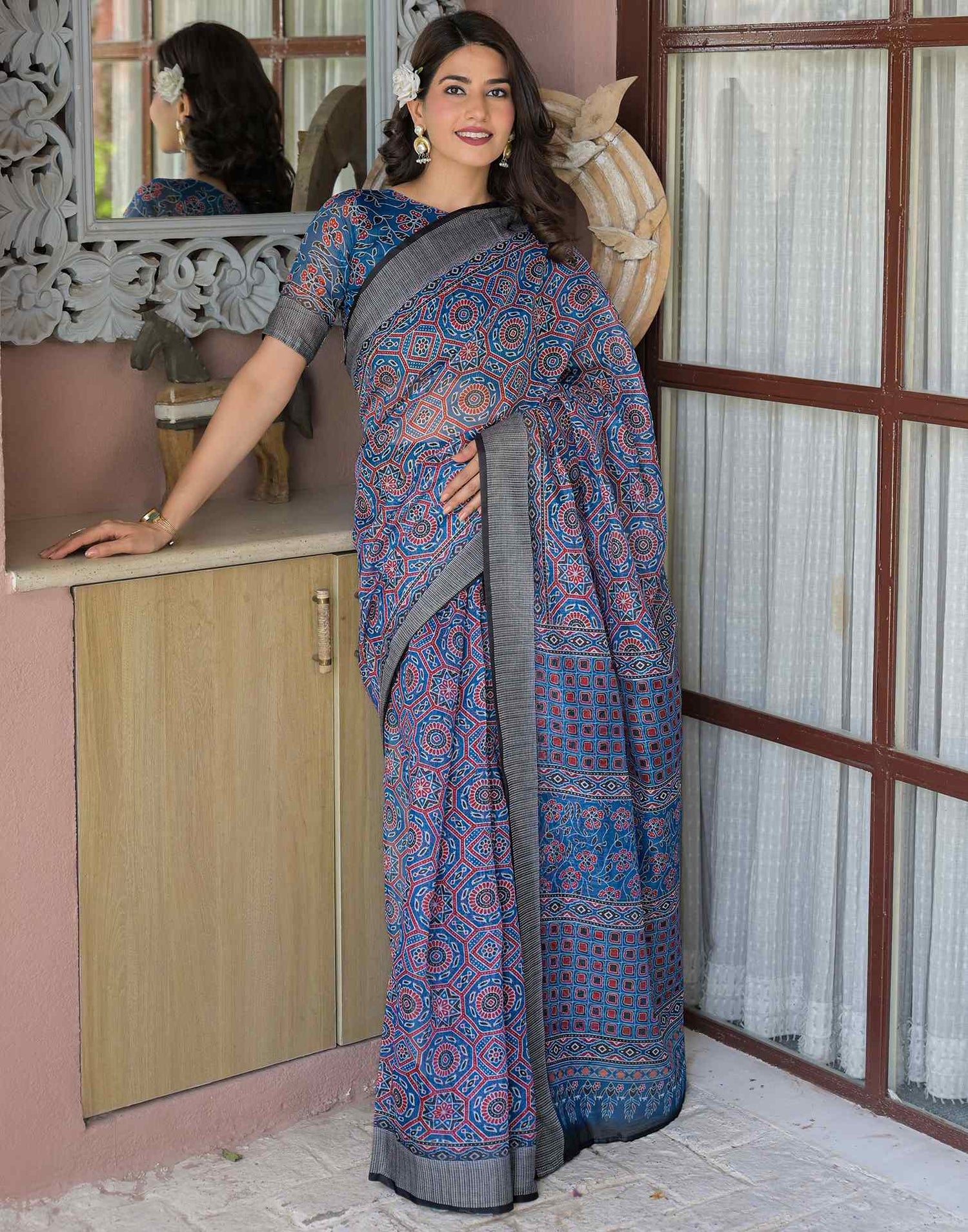 Ready To Wear Blue Linen Printed Embroidery Border Saree