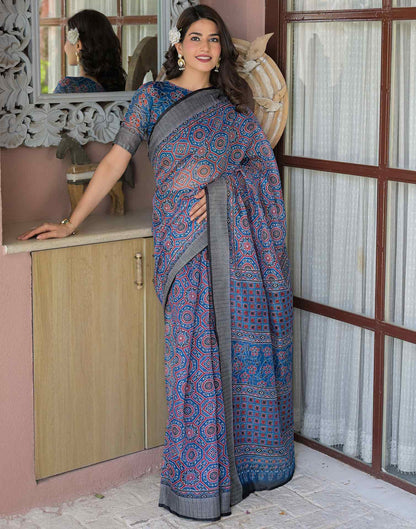 Ready To Wear Blue Linen Printed Embroidery Border Saree