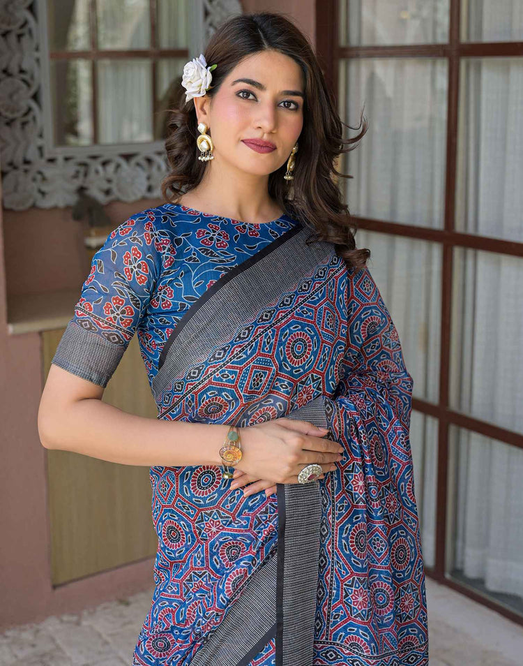 Ready To Wear Blue Linen Printed Embroidery Border Saree
