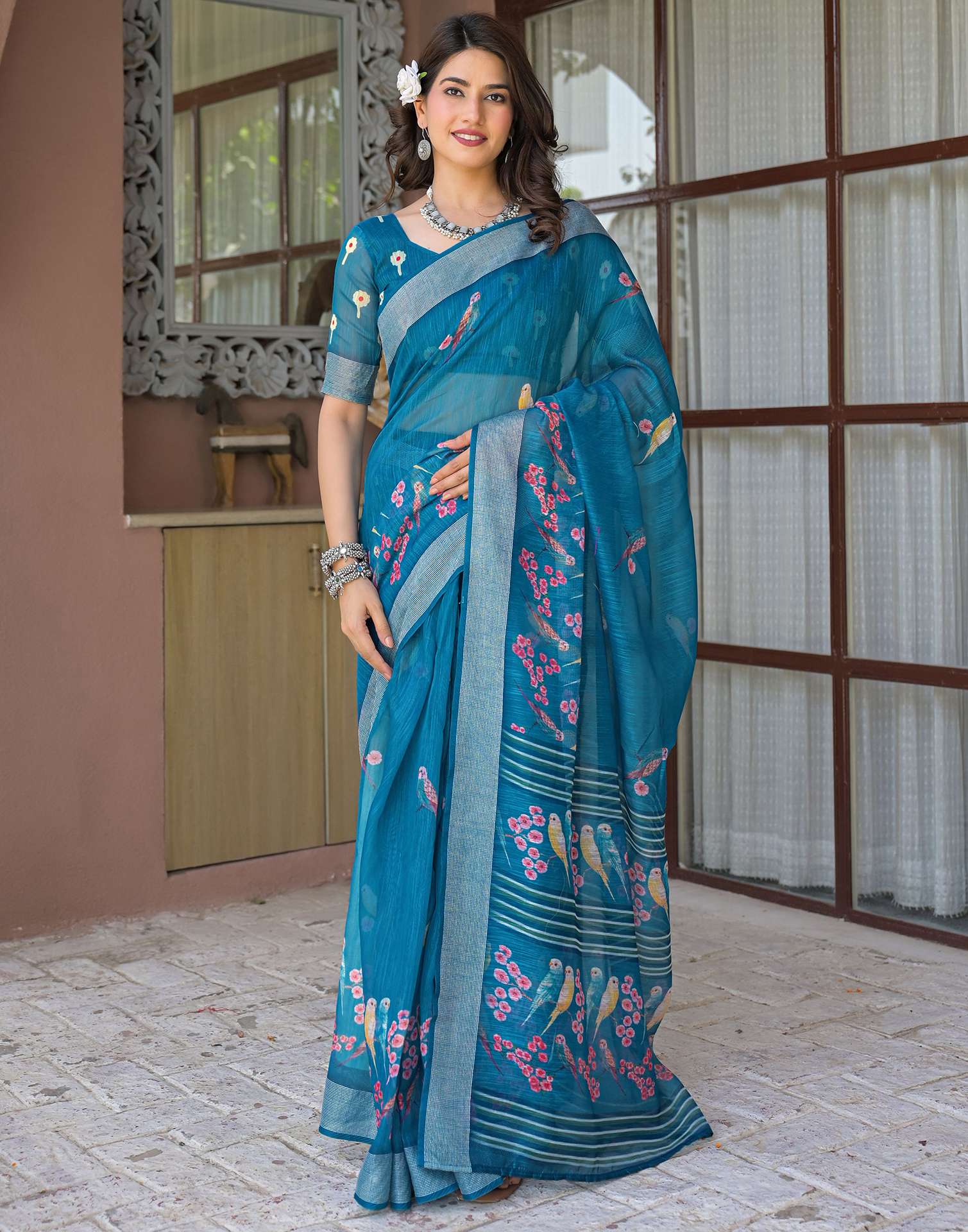 Ready To Wear Teal Blue Linen Printed Embroidery Border Saree