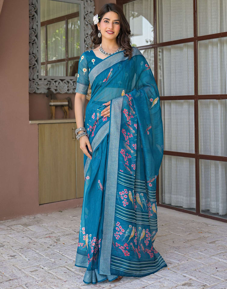 Ready To Wear Teal Blue Linen Printed Embroidery Border Saree