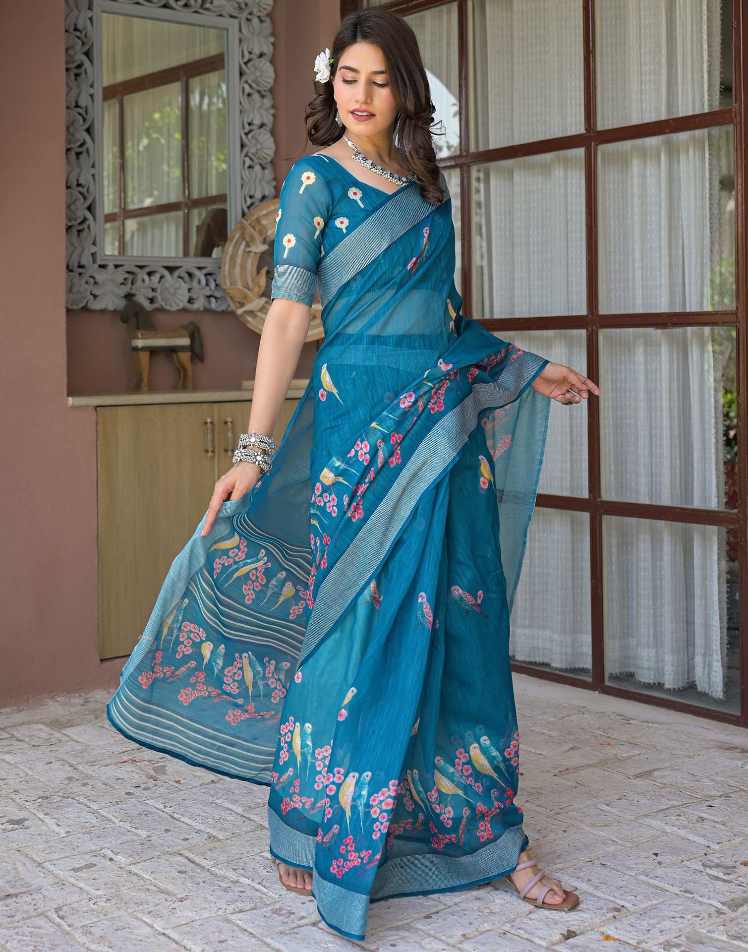 Ready To Wear Teal Blue Linen Printed Embroidery Border Saree