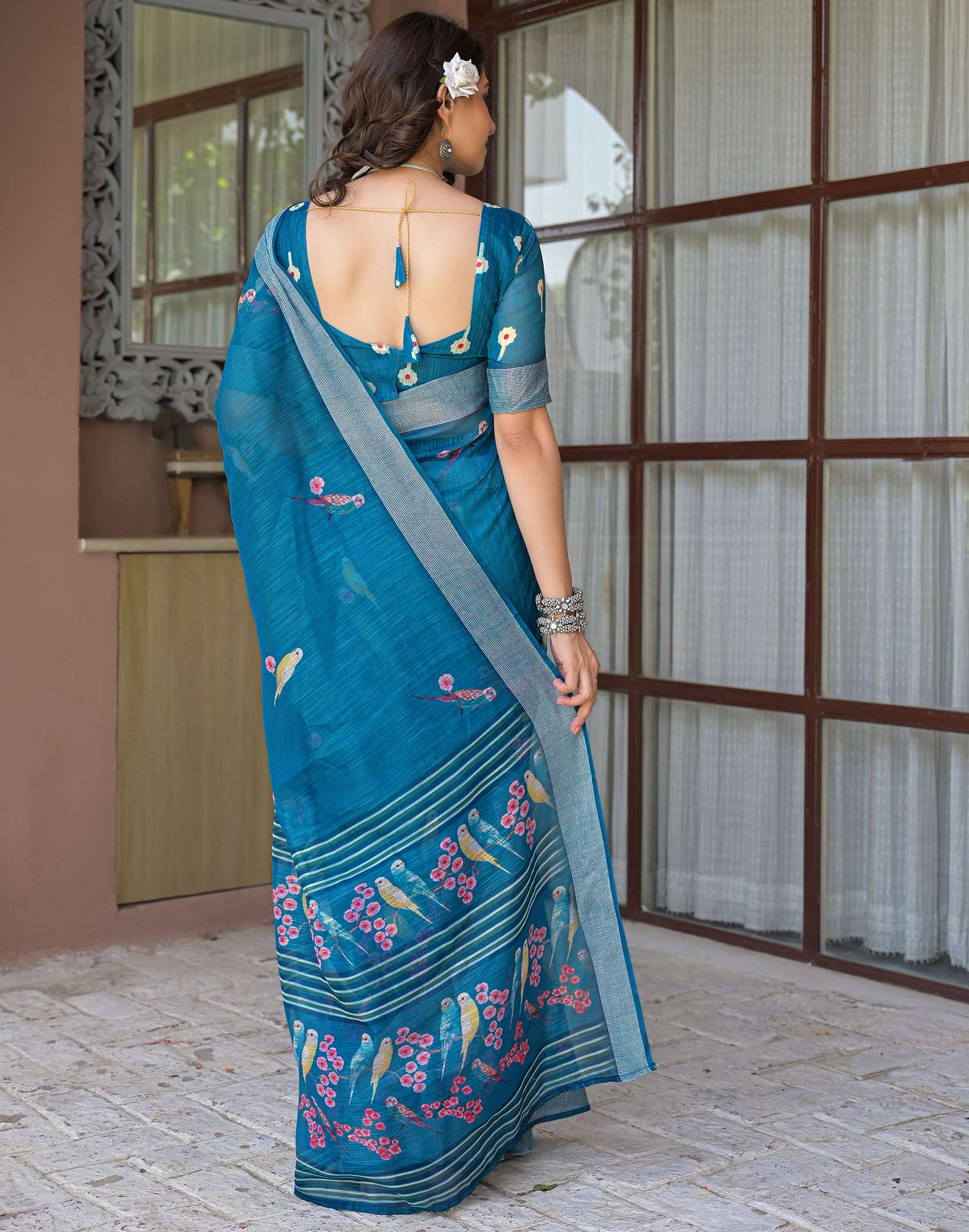 Ready To Wear Teal Blue Linen Printed Embroidery Border Saree