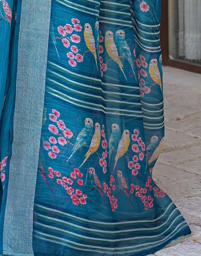 Ready To Wear Teal Blue Linen Printed Embroidery Border Saree