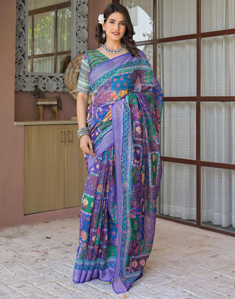Ready To Wear Purple Linen Printed Embroidery Border Saree
