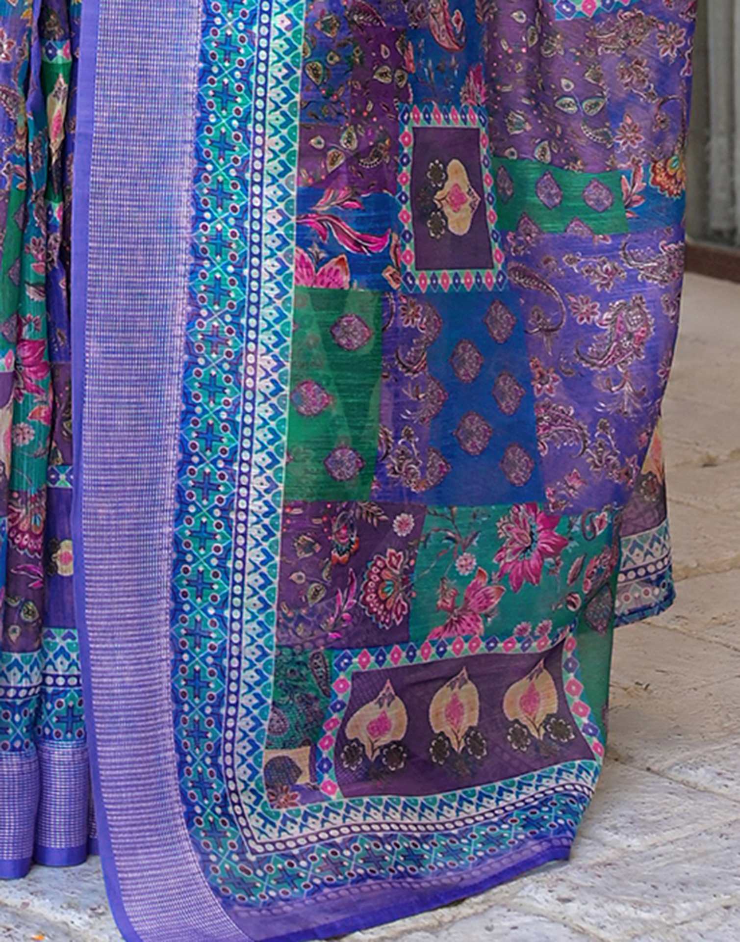 Ready To Wear Purple Linen Printed Embroidery Border Saree