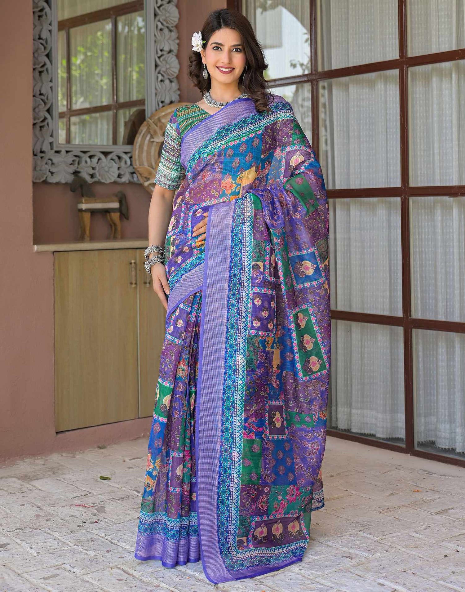 Ready To Wear Purple Linen Printed Embroidery Border Saree