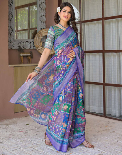 Ready To Wear Purple Linen Printed Embroidery Border Saree