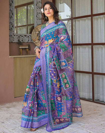 Ready To Wear Purple Linen Printed Embroidery Border Saree