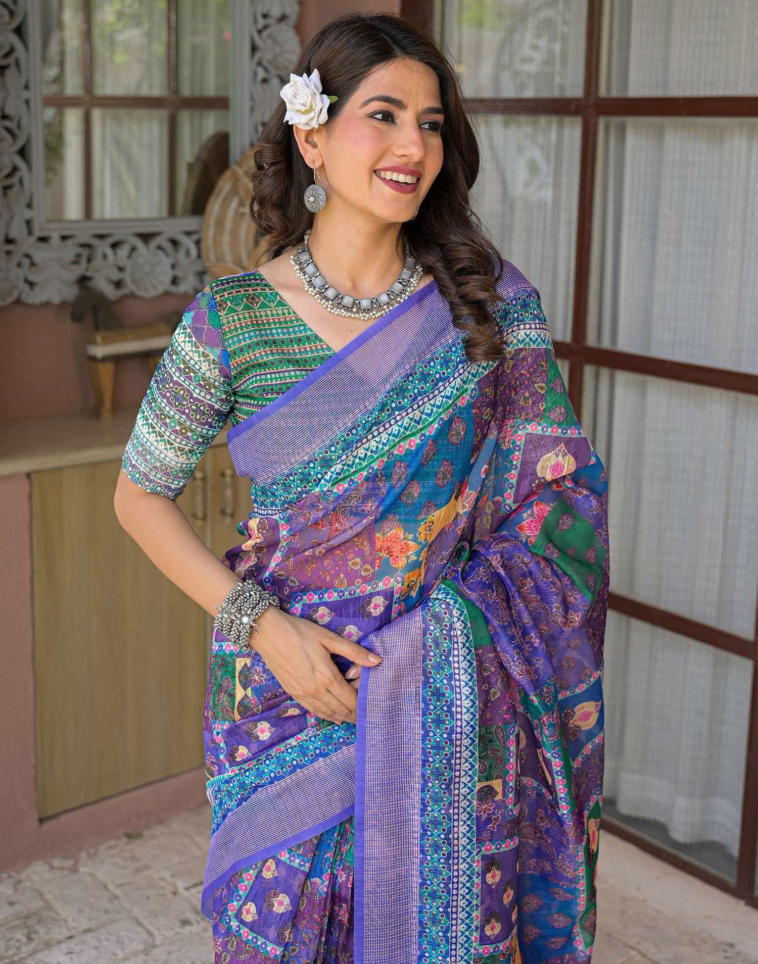 Ready To Wear Purple Linen Printed Embroidery Border Saree