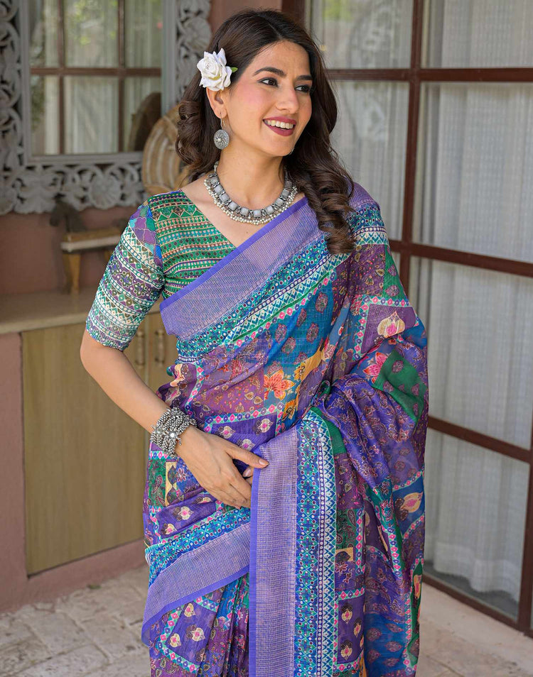 Ready To Wear Purple Linen Printed Embroidery Border Saree