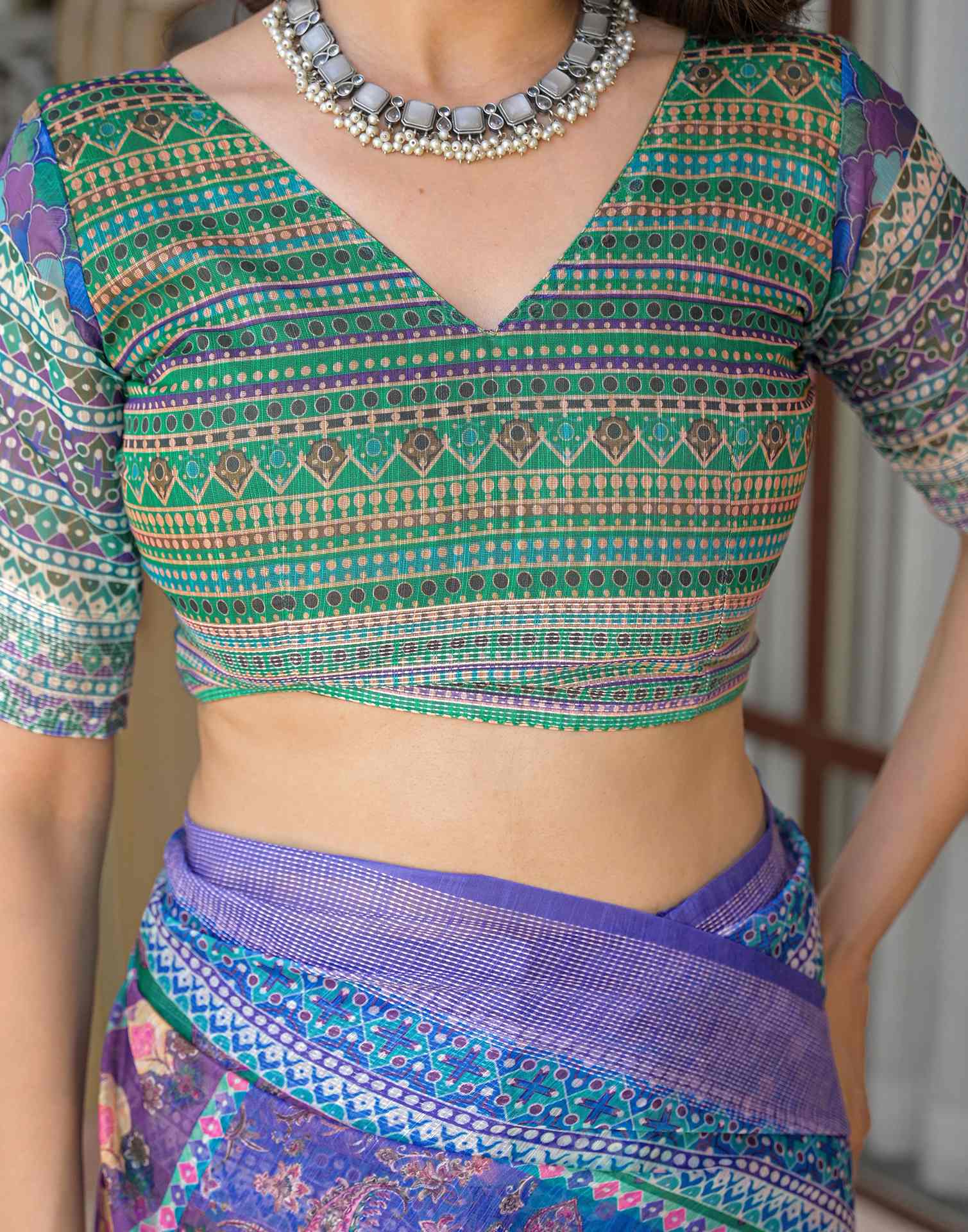 Ready To Wear Purple Linen Printed Embroidery Border Saree