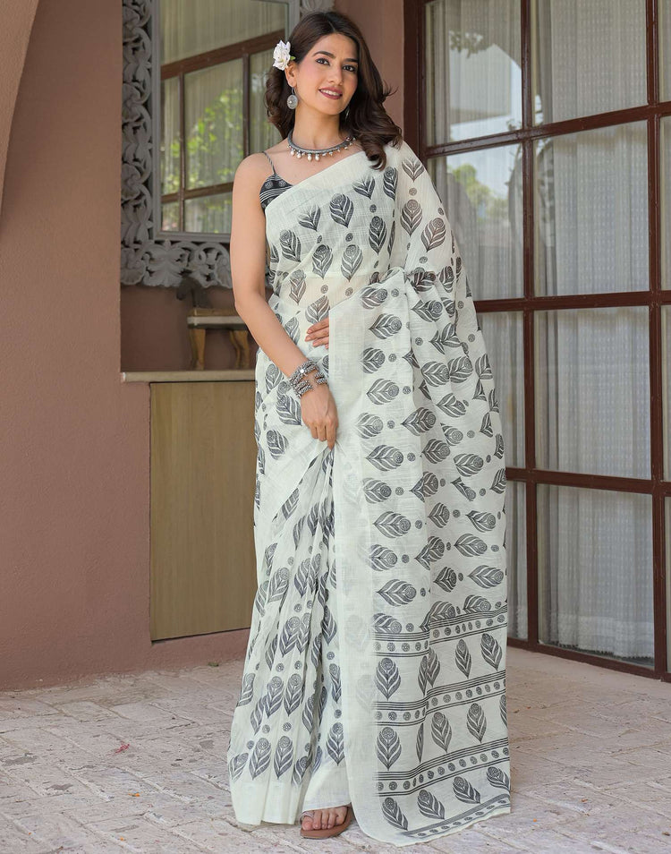 Ready To Wear Off White Linen Printed Embroidery Border Saree