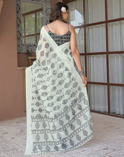 Ready To Wear Off White Linen Printed Embroidery Border Saree