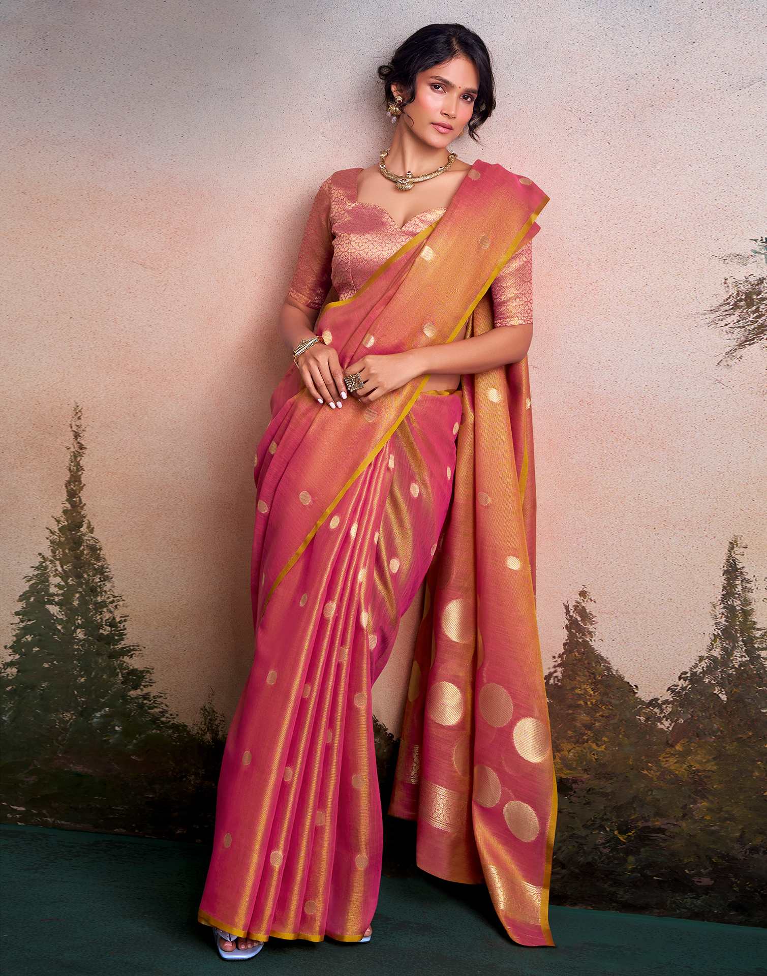 Coral Pink Tissue Silk Woven Saree