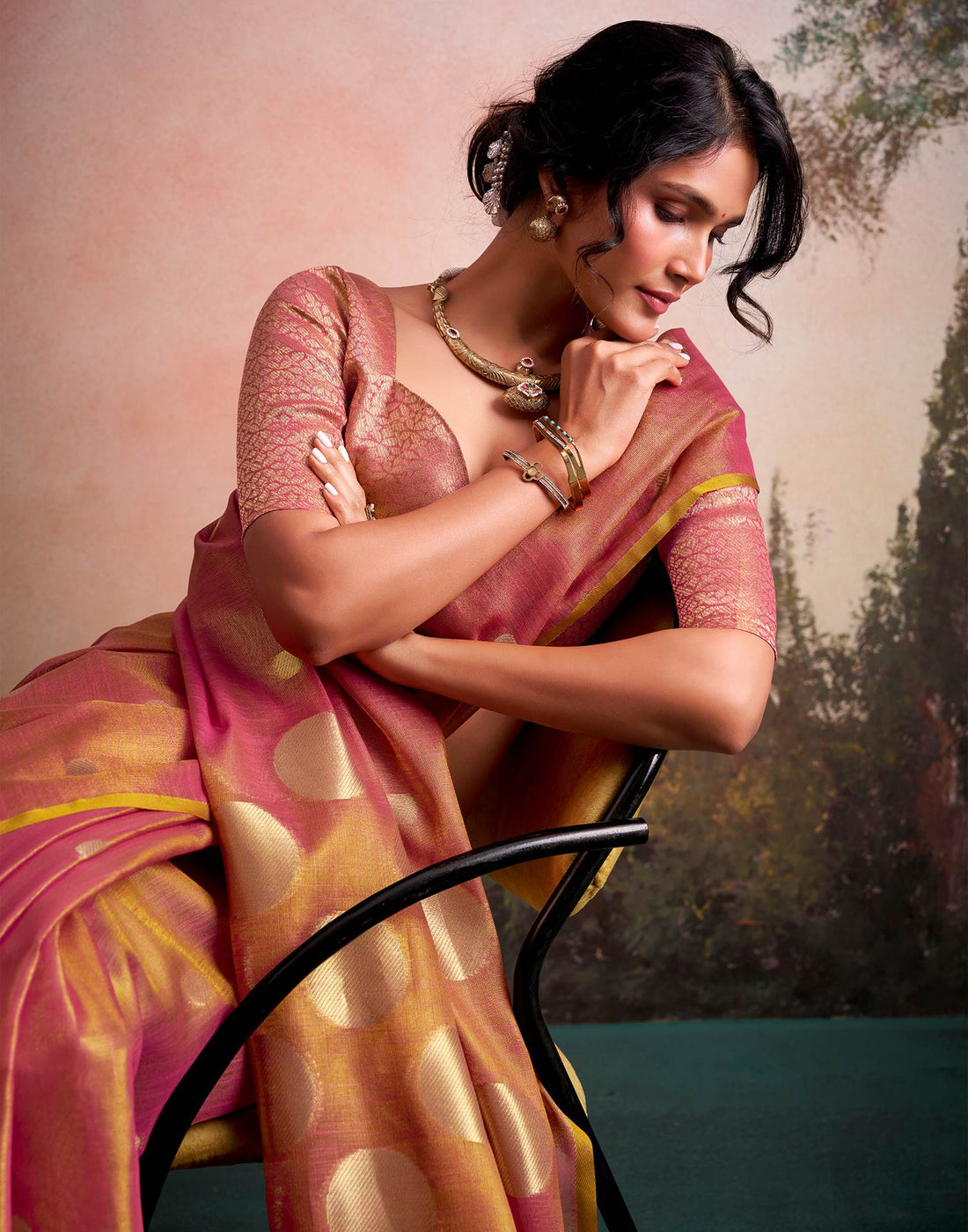 Coral Pink Tissue Silk Woven Saree