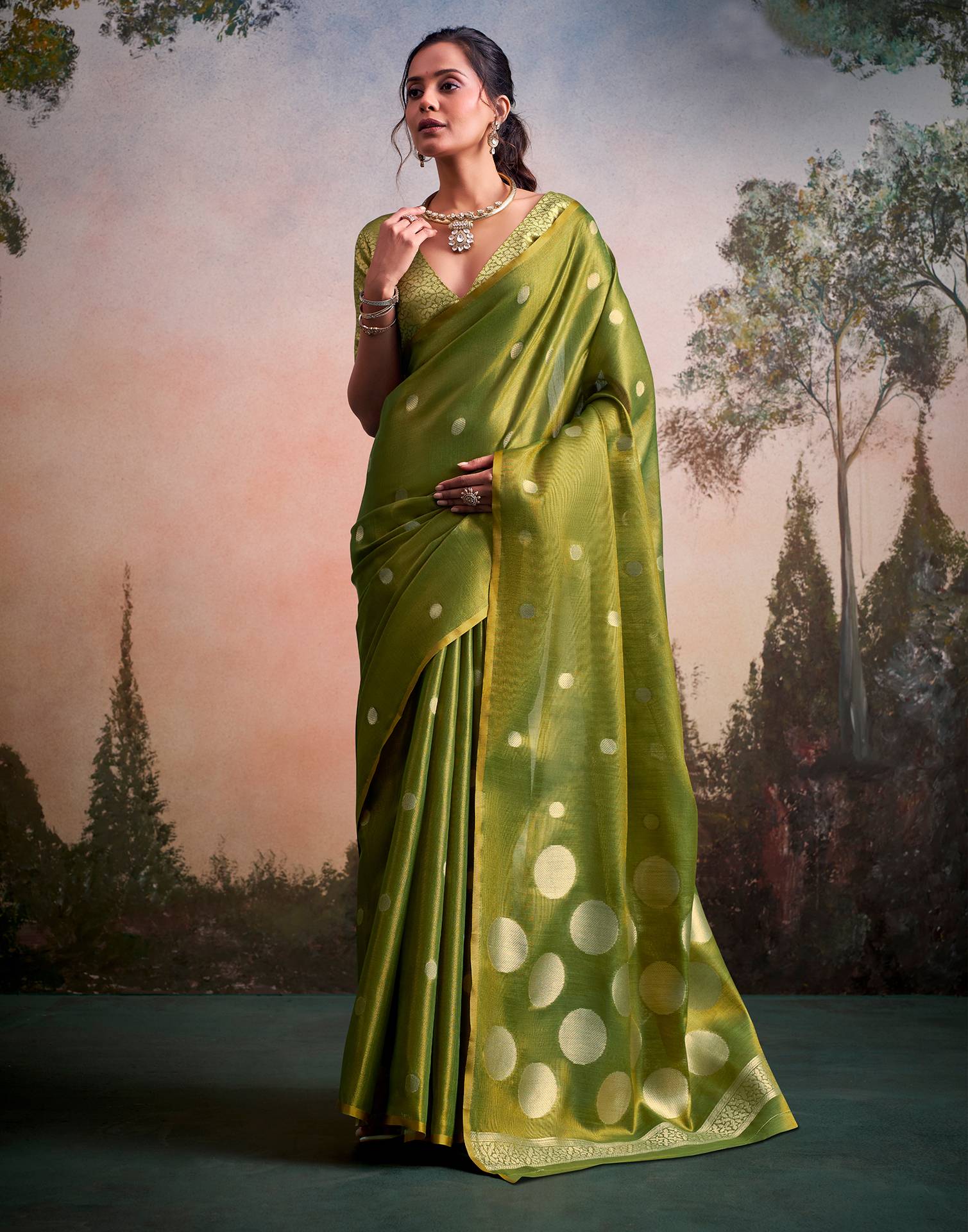 Moss Green Tissue Silk Woven Saree