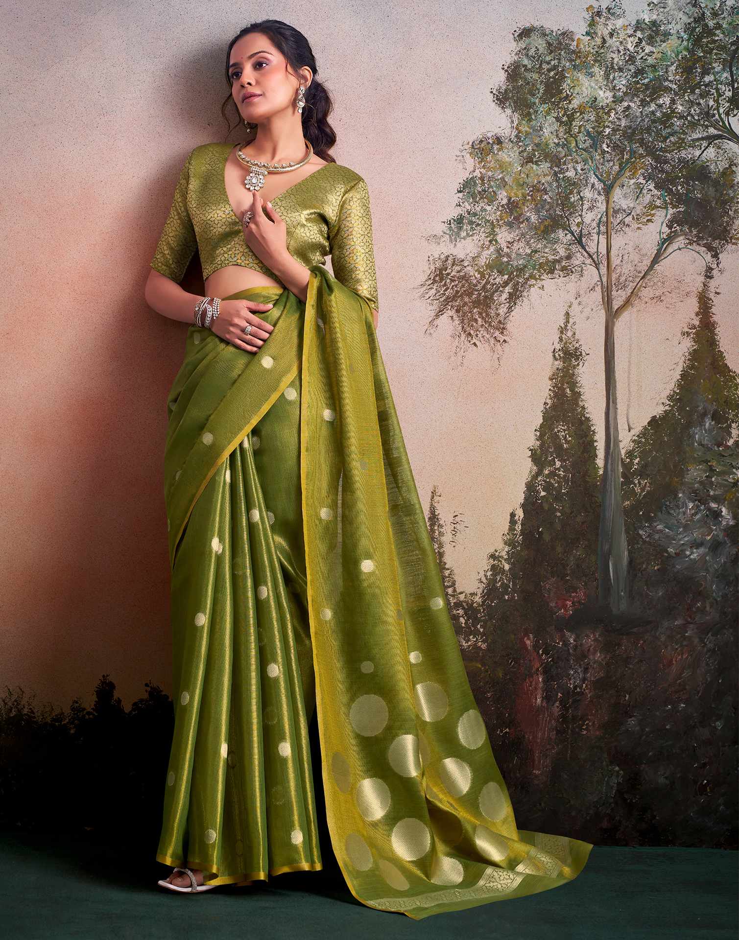 Moss Green Tissue Silk Woven Saree
