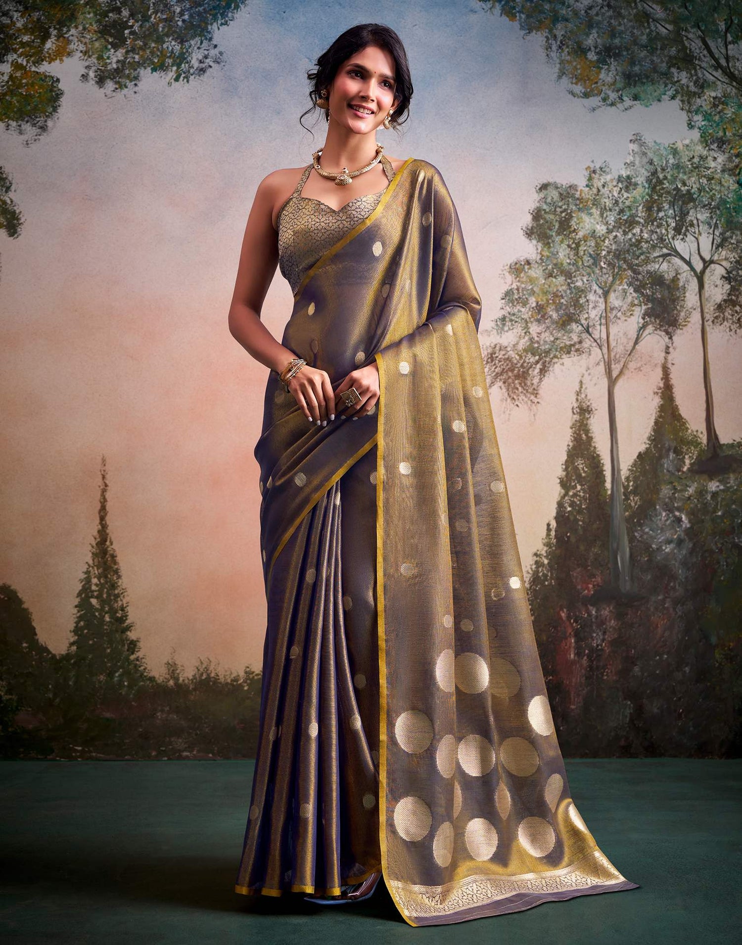 Grey Tissue Silk Woven Saree
