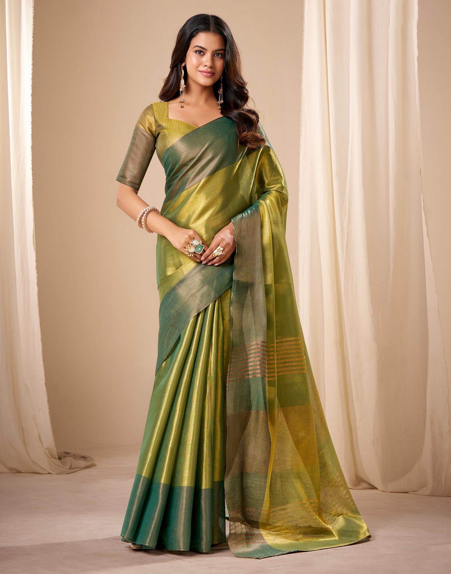 Parrot Green Tissue Silk Woven Saree