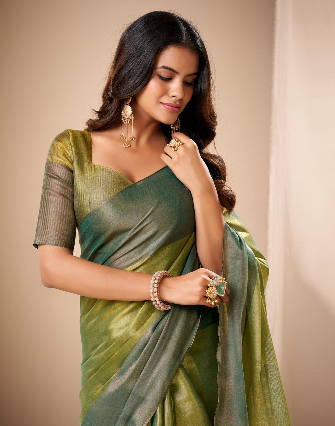 Parrot Green Tissue Silk Woven Saree