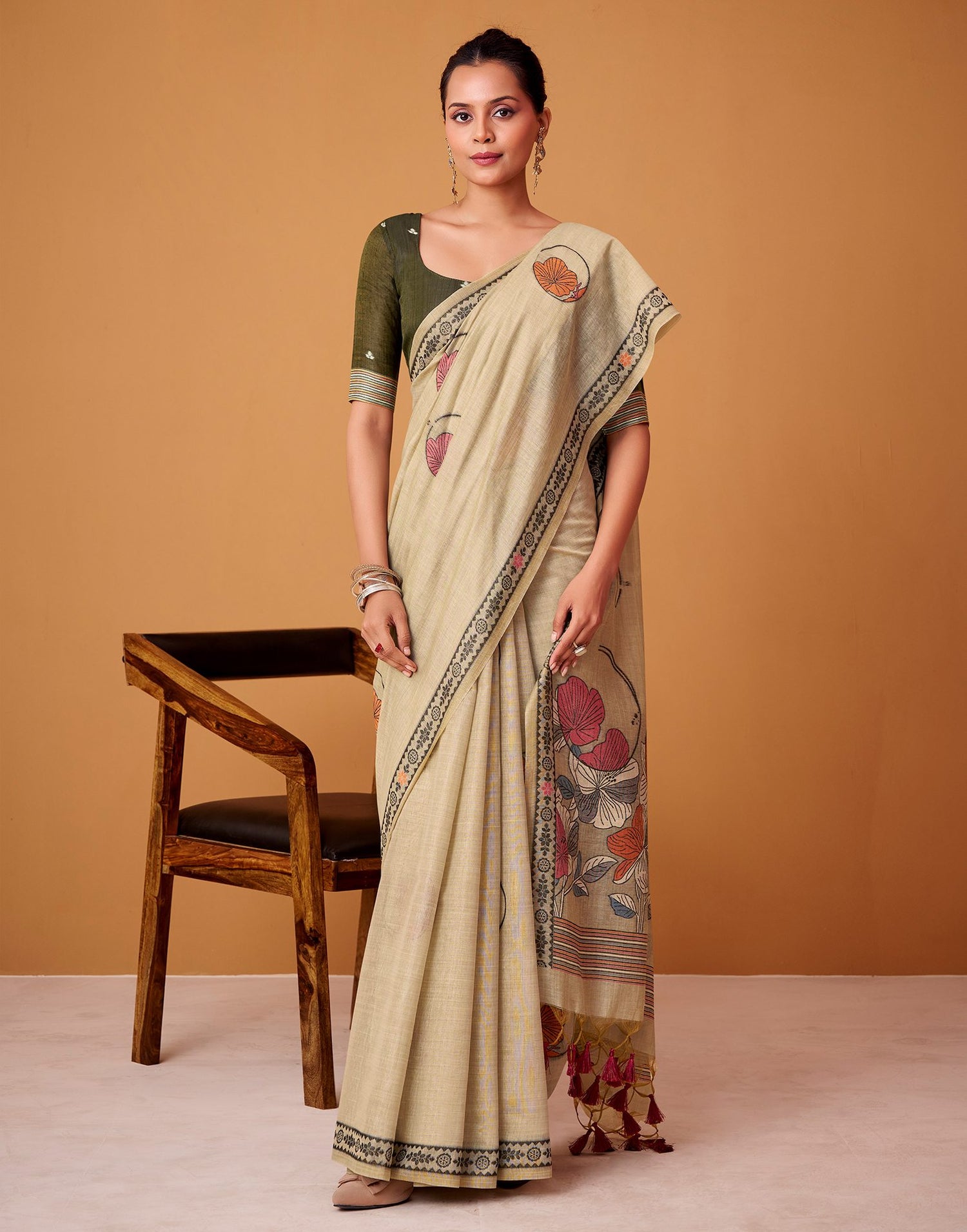 Beige Silk Woven Printed Saree