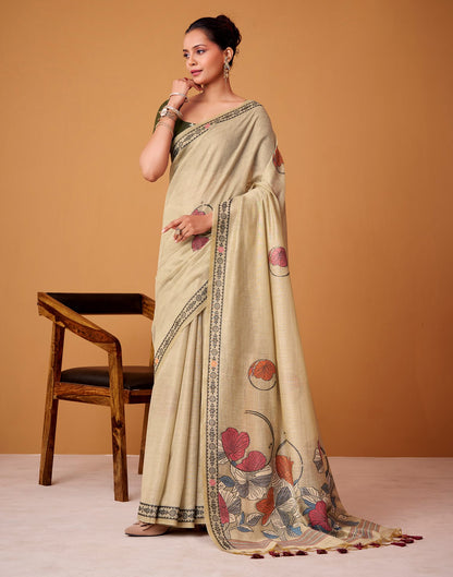 Beige Silk Woven Printed Saree