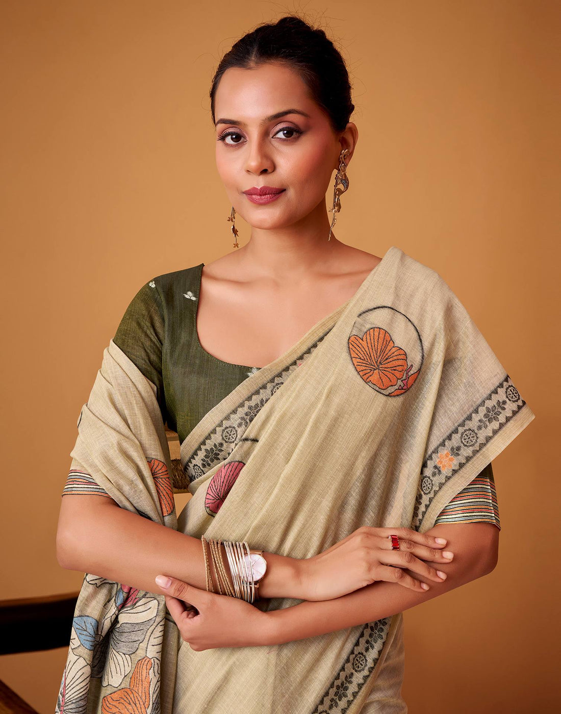 Beige Silk Woven Printed Saree