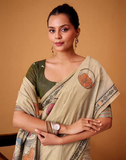Beige Silk Woven Printed Saree