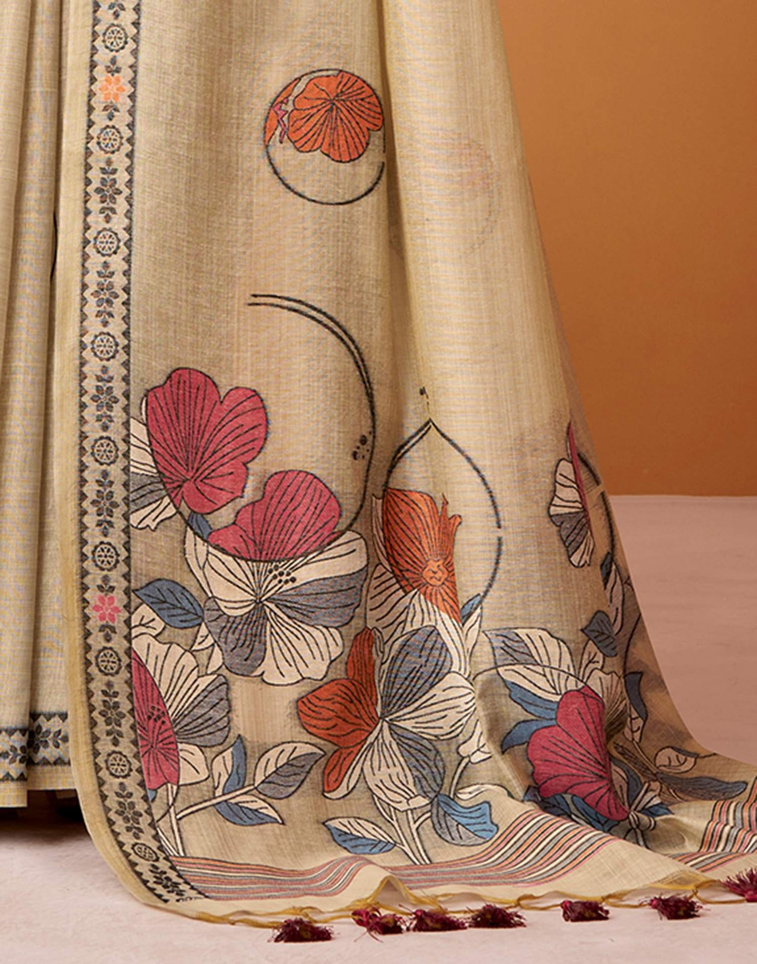 Beige Silk Woven Printed Saree