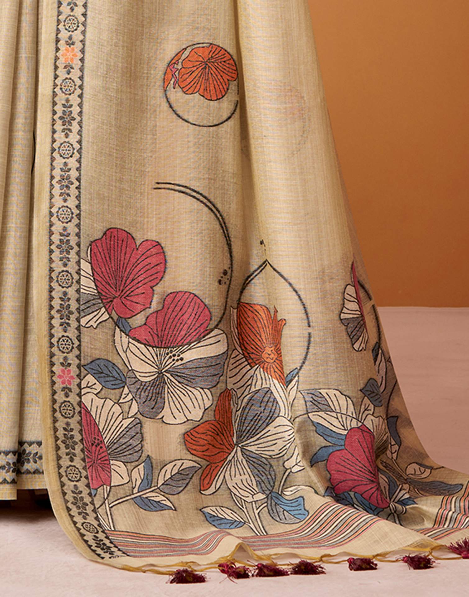 Beige Silk Woven Printed Saree