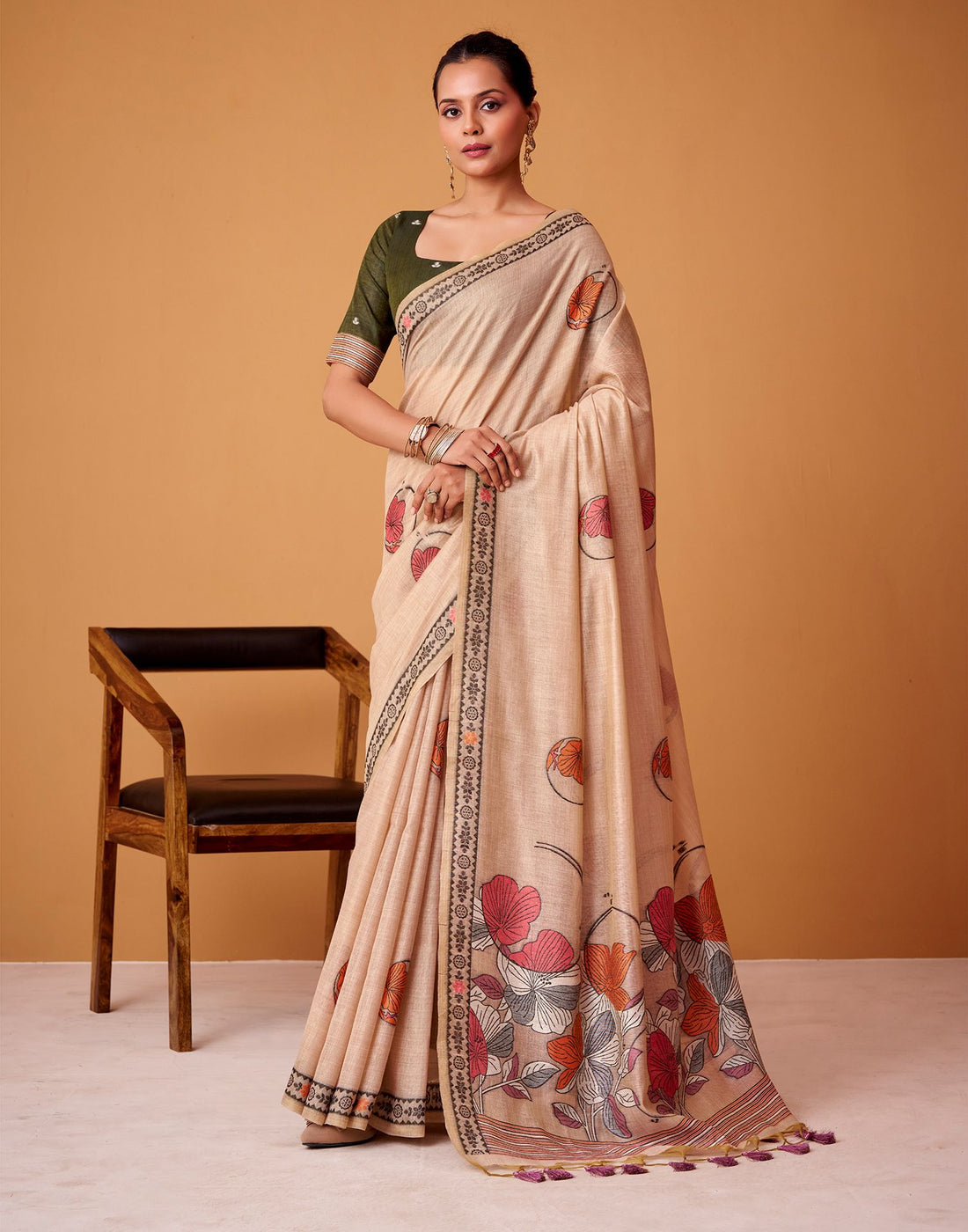 Light Peach Silk Woven Printed Saree
