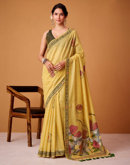 Yellow Silk Woven Printed Saree