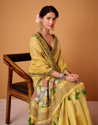 Yellow Silk Woven Printed Saree