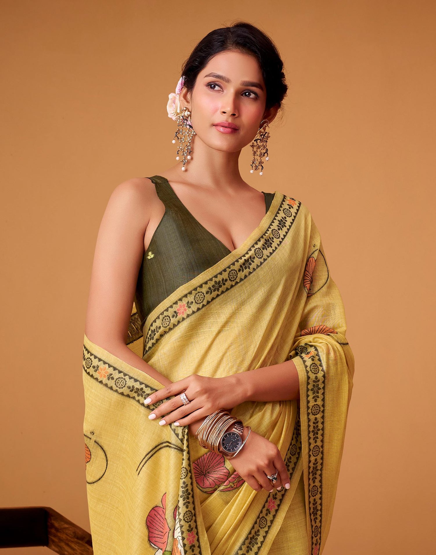 Yellow Silk Woven Printed Saree