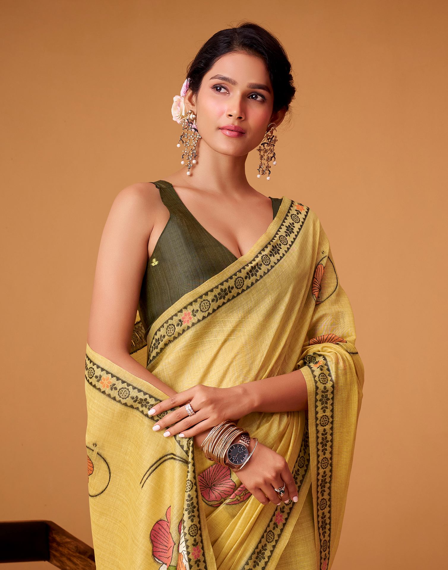 Yellow Silk Woven Printed Saree