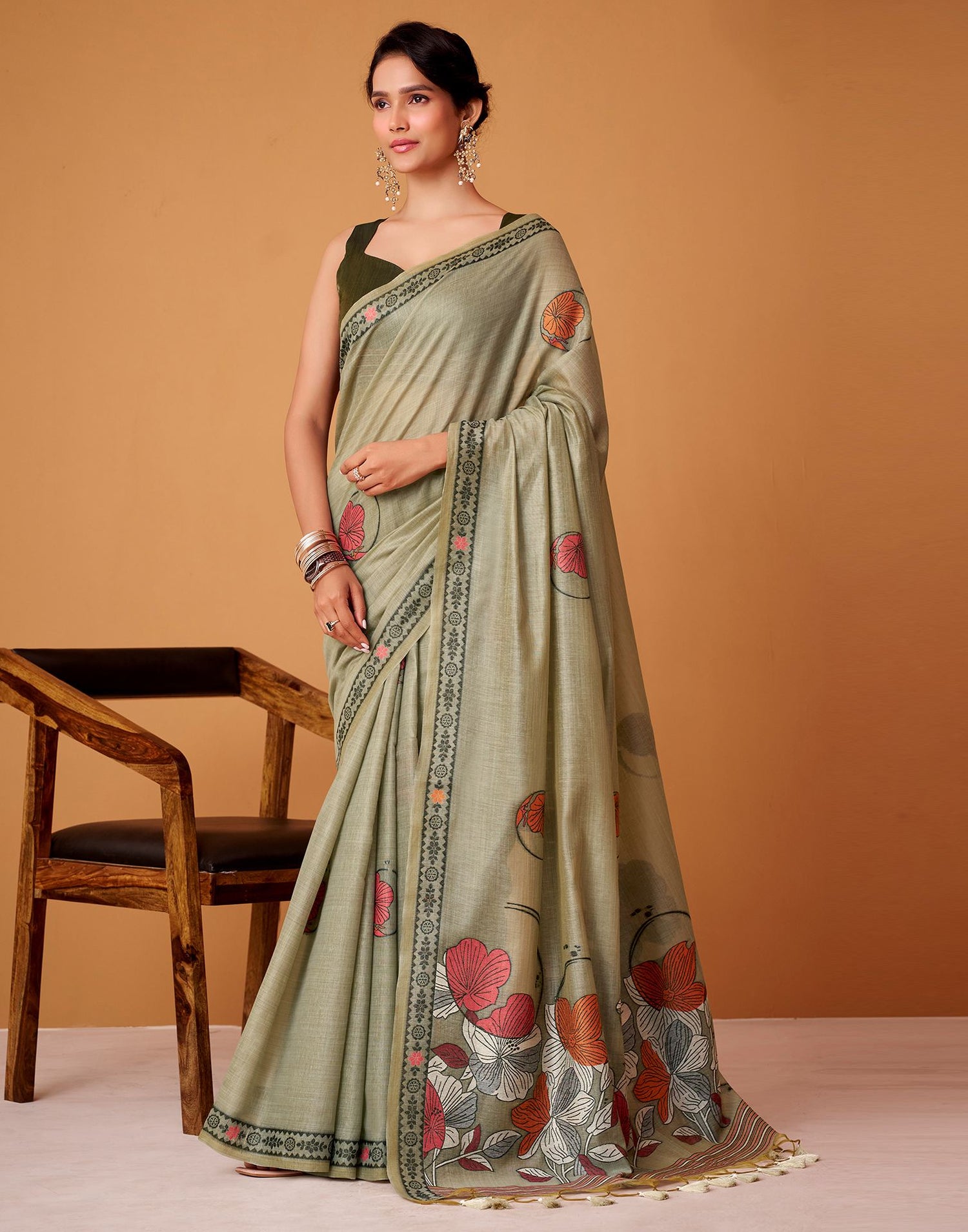 Grey Silk Woven Printed Saree